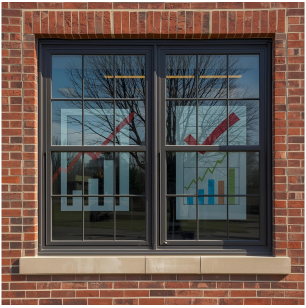 A real school building with large, glass windows you can see inside that include a transparent chart, graph, and a checkmark.